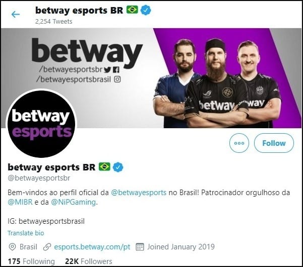 O Betway Brasil é bastante ativo nas redes sociais em sua área de e-sports