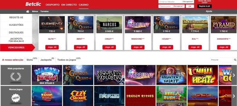 Página de abertura do Casino Betclic.
