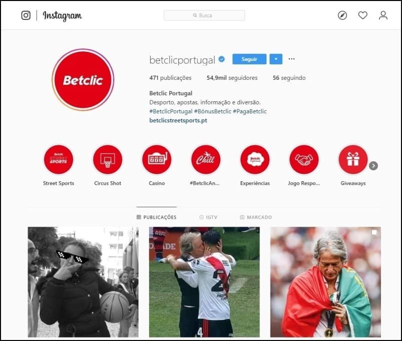 Instagram é a principal rede social da Betclic Portugal