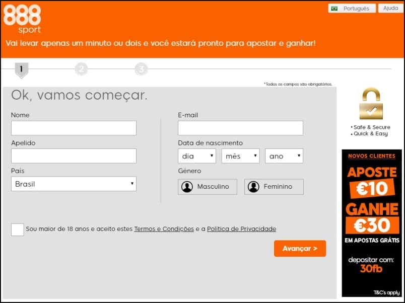 Janela de cadastro no 888sport Brasil