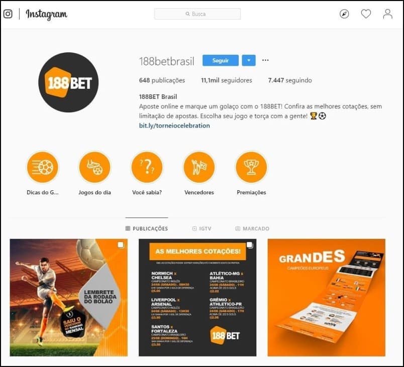 Página do instagram do site no Brasil