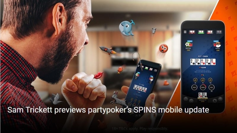 Partypoker mobile, versão 11/2019: orientação portrait e interação social.