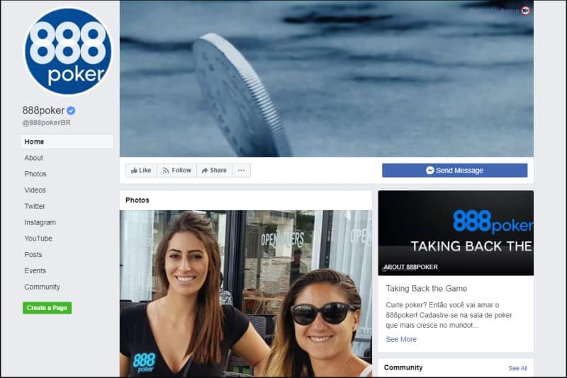 Página do Facebook do 888poker Brasil