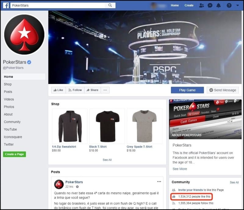 Página no Facebook do PokerStars tem mais de 1,5 milhão de likes