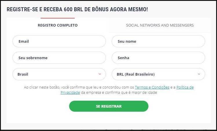 Tela de cadastro para novos usuários do 22bet Brasil