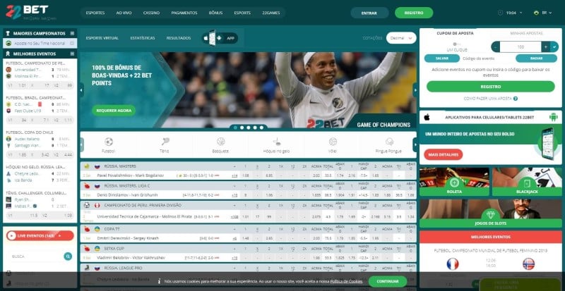 Homepage do site de apostas 22bet