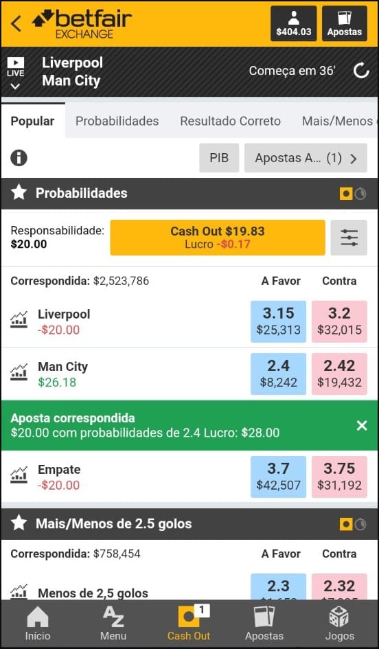 Imagem do cash out automático Betfair