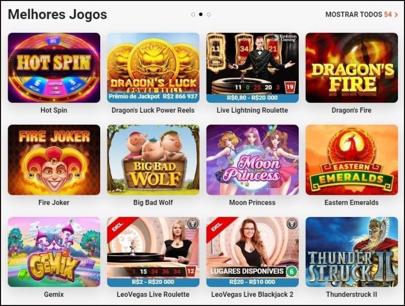 Parte da página de slots do LeoVegas Cassino