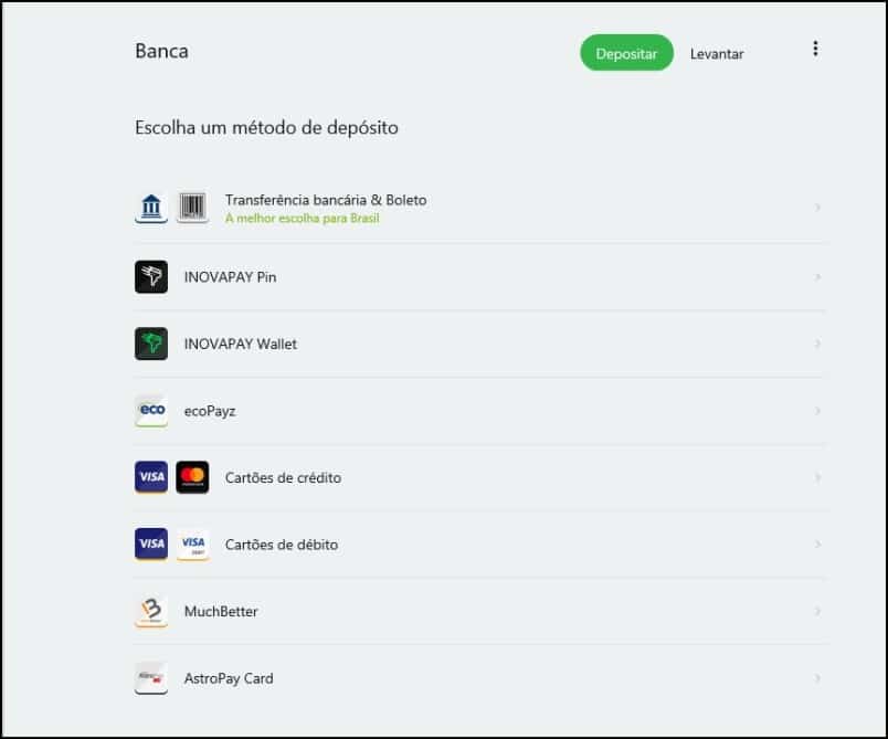 Formas de depósito do Spin Sports Brasil