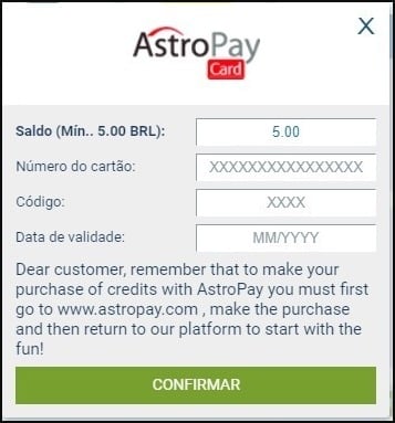 Tela de depósito com AstroPay no 1xBet