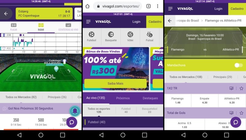 Telas do Vivagol no celular.