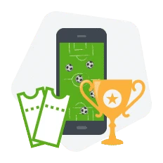 smartphone com partida de futebol, trof&eacute;u e ingressos de apostas de b&ocirc;nus de cadastro gr&aacute;tis