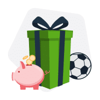 porquinho, presente e bola de futebol